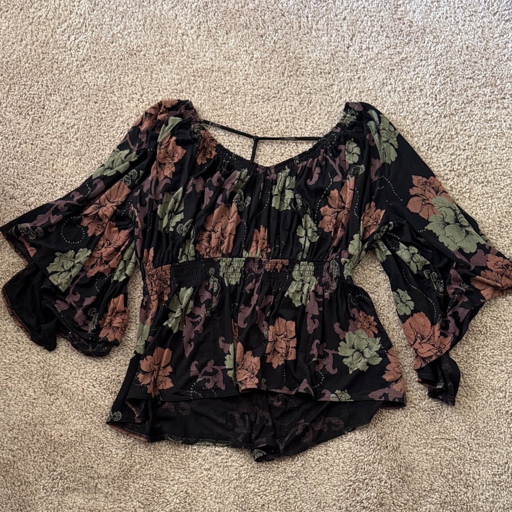 Free People Floral Blouse - Black, Green, Brown